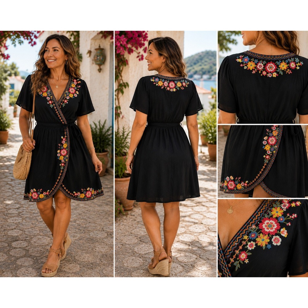 Savanna Jane Black Floral Embroidered Wrap Dress M Boho Festival Cottagecore
